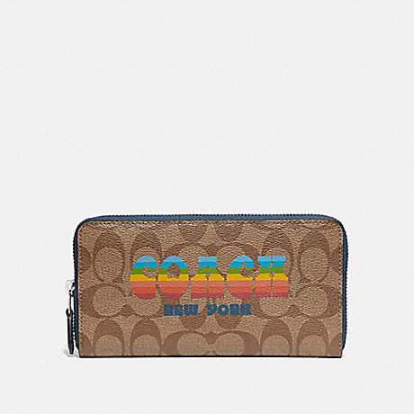 COACH F73510 ACCORDION ZIP WALLET IN SIGNATURE CANVAS WITH RAINBOW COACH ANIMATION KHAKI/MULTI/SILVER
