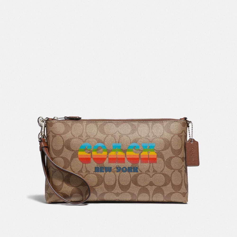 COACH F73513 LARGE WRISTLET 25 IN SIGNATURE CANVAS WITH RAINBOW COACH ANIMATION KHAKI/MULTI/SILVER