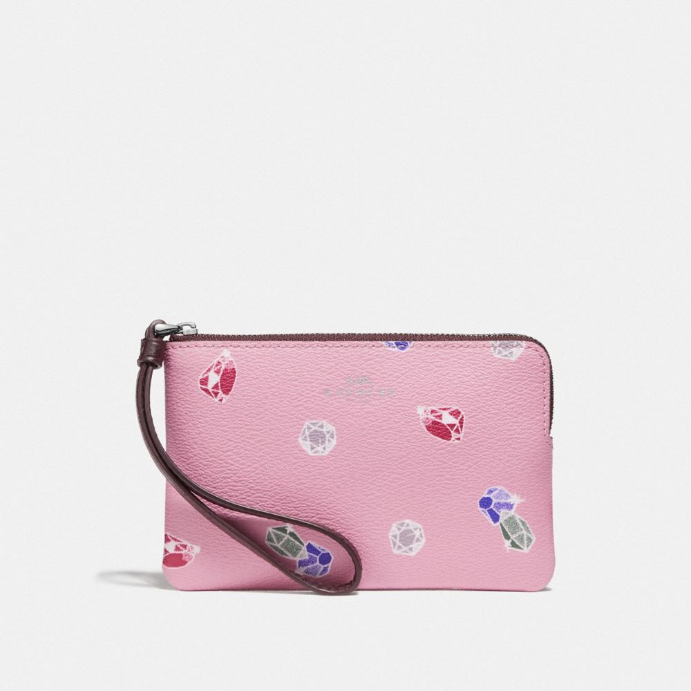 COACH F73581 Disney X Coach Corner Zip Wristlet With Snow White And The Seven Dwarfs Gems Print TULIP/MULTI/SILVER