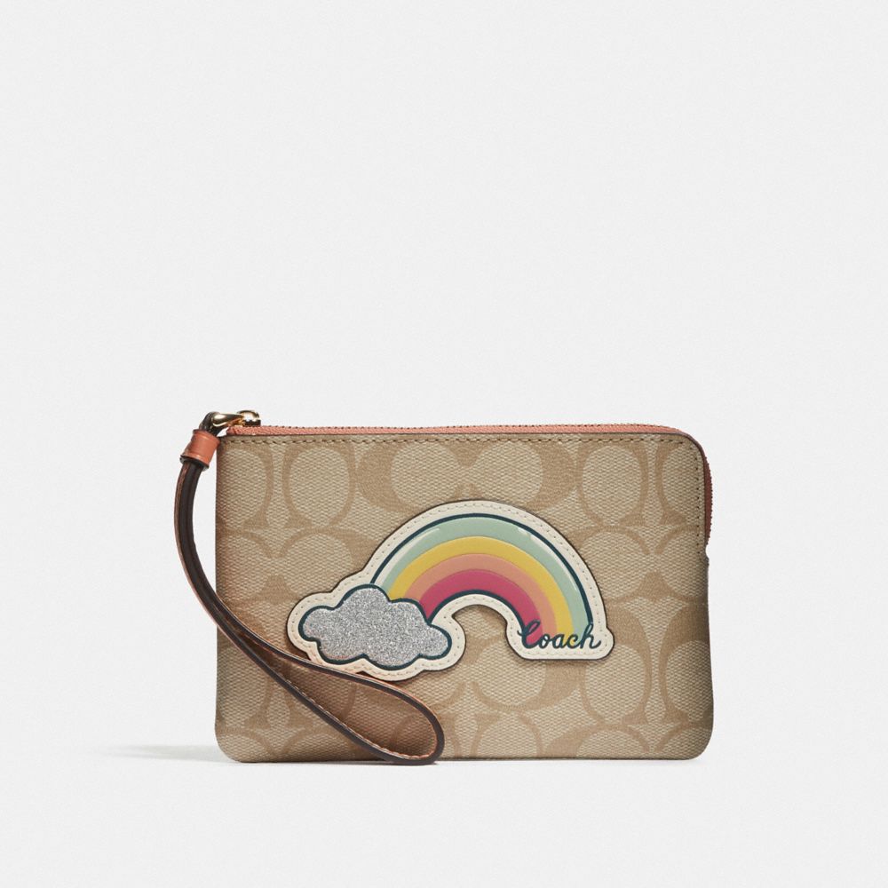 COACH F73584 CORNER ZIP WRISTLET IN SIGNATURE CANVAS WITH MOTIF LIGHT-KHAKI/CORAL/GOLD