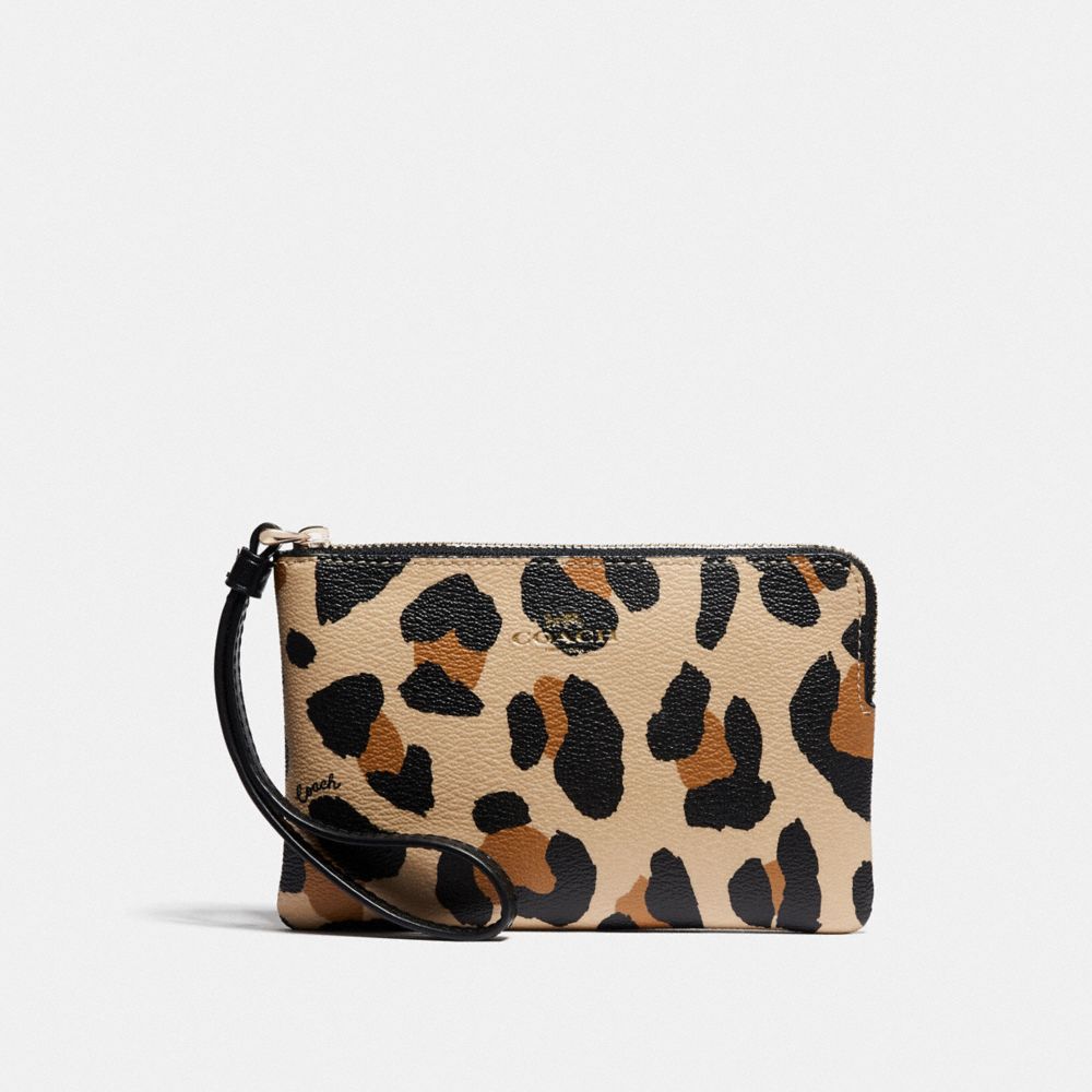 COACH F73607 CORNER ZIP WRISTLET WITH ANIMAL PRINT NATURAL/GOLD