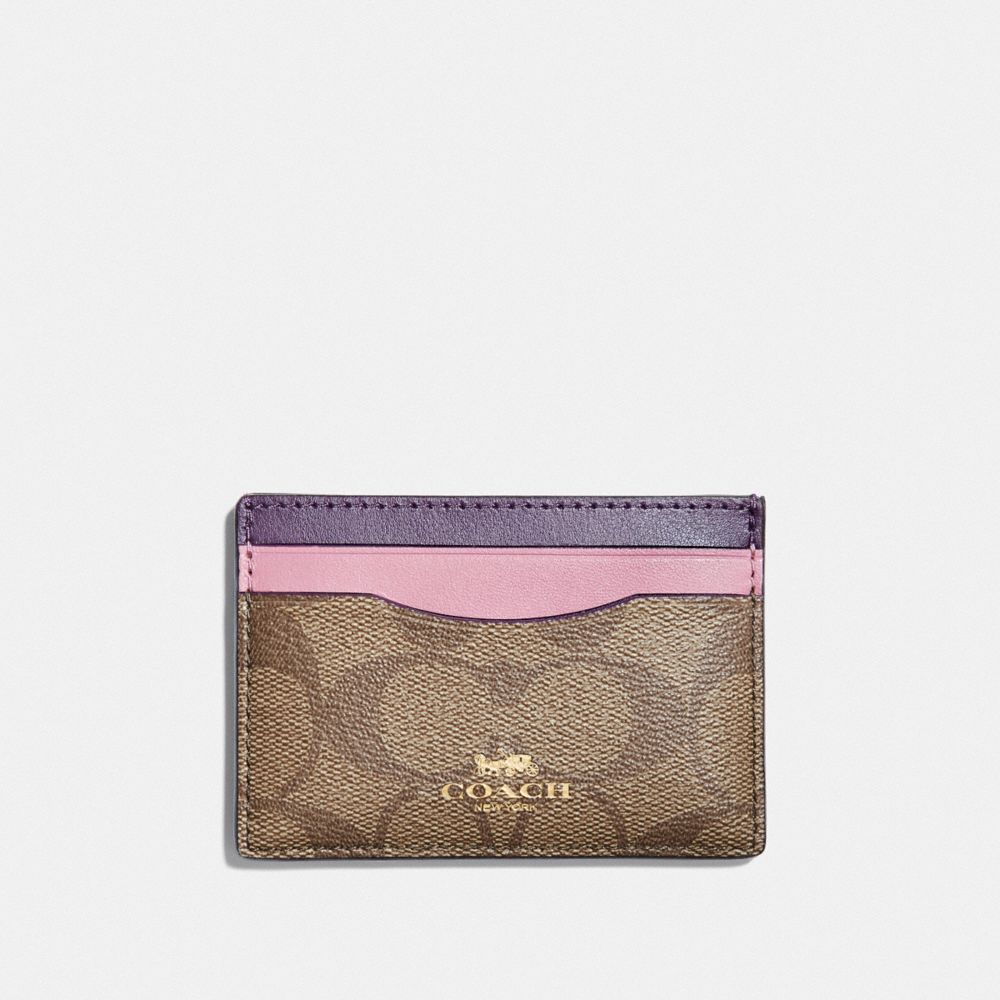 COACH CARD CASE IN COLORBLOCK SIGNATURE CANVAS - TULIP/KHAKI/GOLD - F73618