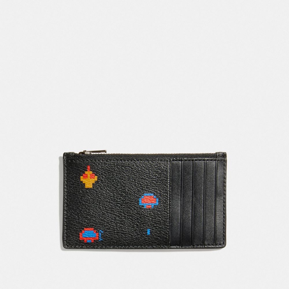 COACH ZIP CARD CASE WITH ALLOVER ATARI PRINT - BLACK MULTI/BLACK ANTIQUE NICKEL - F73640