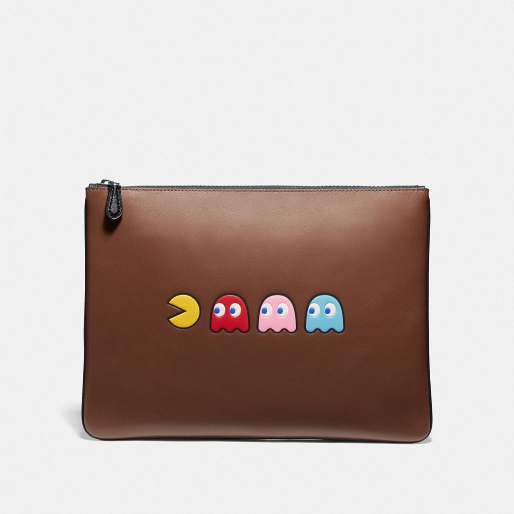 LARGE POUCH WITH PAC-MAN MOTIF - SADDLE/BLACK ANTIQUE NICKEL - COACH F73648