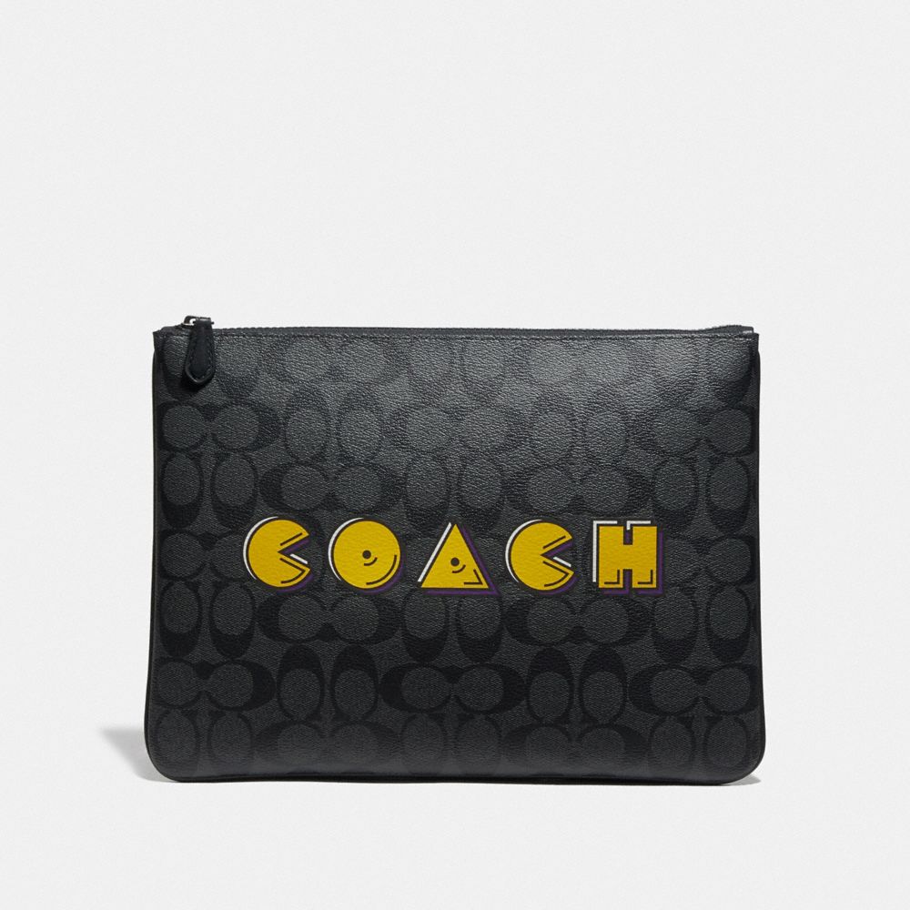COACH F73652 - LARGE POUCH IN SIGNATURE CANVAS WITH PAC-MAN COACH SCRIPT CHARCOAL/BLACK/BLACK ANTIQUE NICKEL