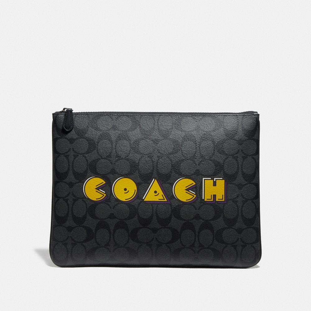 COACH F73652 LARGE POUCH IN SIGNATURE CANVAS WITH PAC-MAN COACH SCRIPT CHARCOAL/BLACK/BLACK ANTIQUE NICKEL