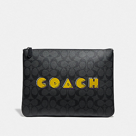 COACH F73652 LARGE POUCH IN SIGNATURE CANVAS WITH PAC-MAN COACH SCRIPT CHARCOAL/BLACK/BLACK-ANTIQUE-NICKEL