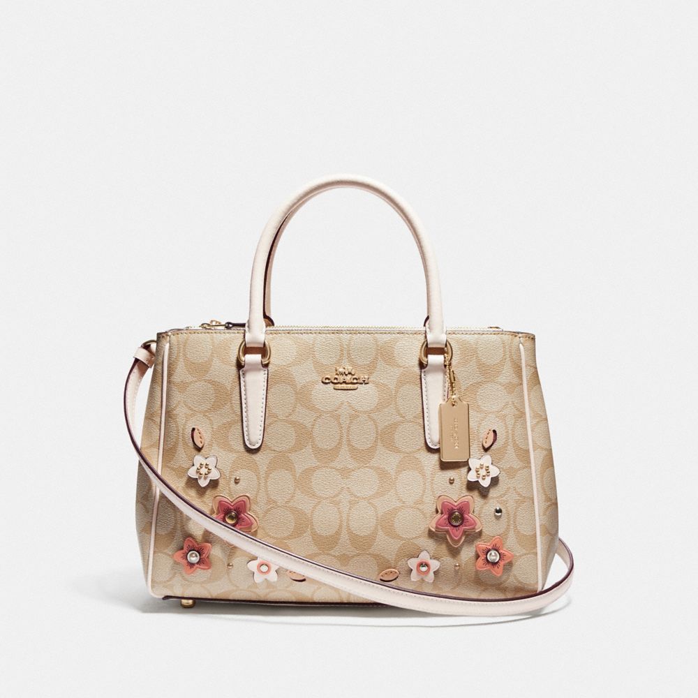 COACH F73669 SURREY CARRYALL IN SIGNATURE CANVAS WITH FLORAL APPLIQUE LIGHT KHAKI MULTI/IMITATION GOLD