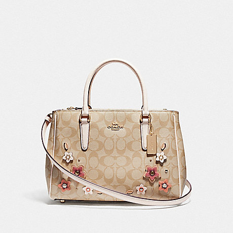 COACH F73669 SURREY CARRYALL IN SIGNATURE CANVAS WITH FLORAL APPLIQUE LIGHT KHAKI MULTI/IMITATION GOLD