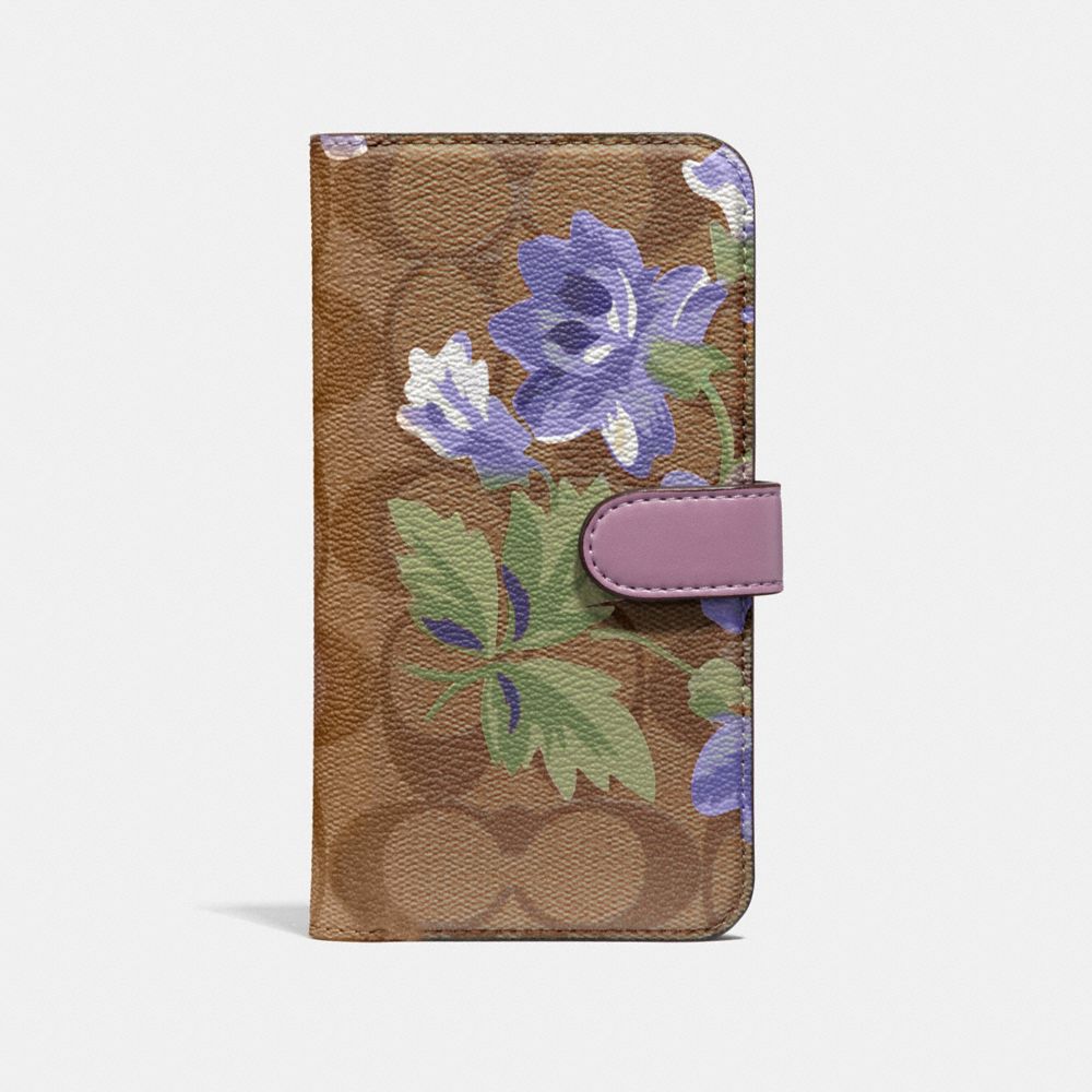 IPHONE X/XS FOLIO IN SIGNATURE CANVAS WITH LILY BOUQUET PRINT - F73698 - KHAKI/PURPLE