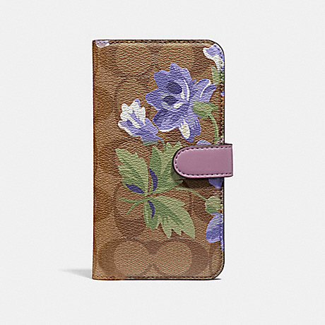 COACH IPHONE X/XS FOLIO IN SIGNATURE CANVAS WITH LILY BOUQUET PRINT - KHAKI/PURPLE - F73698