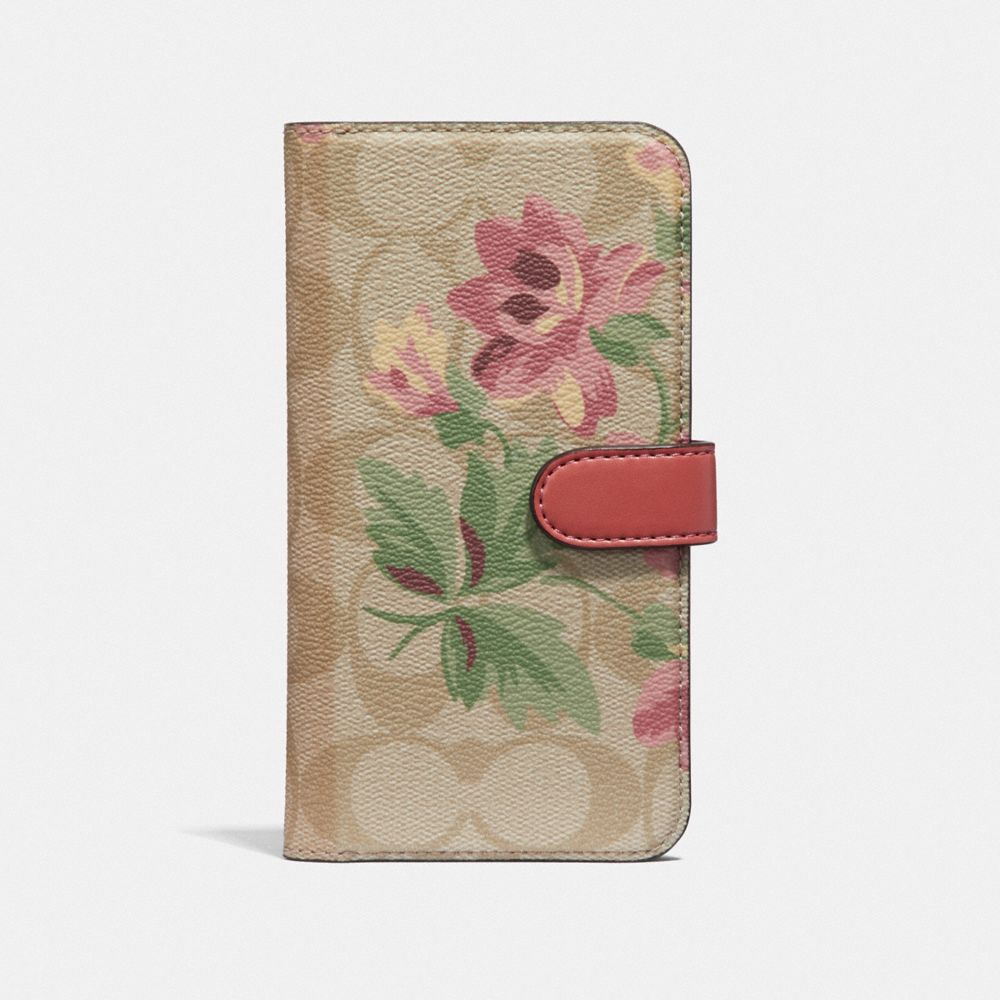 IPHONE X/XS FOLIO IN SIGNATURE CANVAS WITH LILY BOUQUET PRINT - LIGHT KHAKI/PINK - COACH F73698