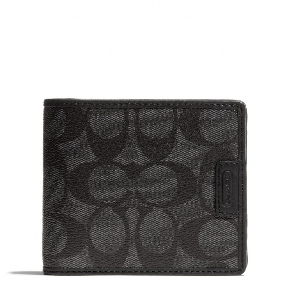 COACH f74736 HERITAGE SIGNATURE COMPACT ID WALLET CHARCOAL/BLACK