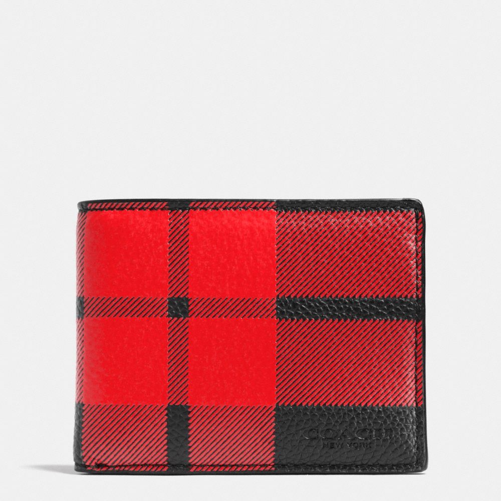 COACH F75082 Mount Plaid Slim Billfold Wallet In Pebble Leather RED/BLACK