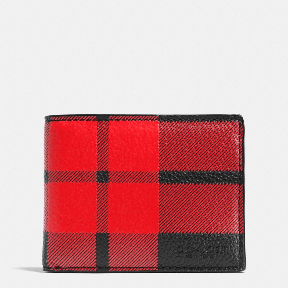 COACH f75082 MOUNT PLAID SLIM BILLFOLD WALLET IN PEBBLE LEATHER RED/BLACK