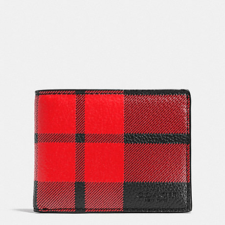 COACH F75082 MOUNT PLAID SLIM BILLFOLD WALLET IN PEBBLE LEATHER RED/BLACK