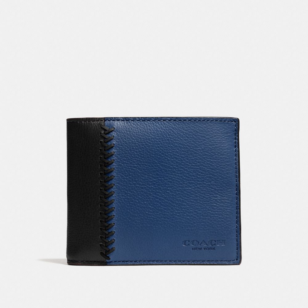 COACH f75170 COMPACT ID WALLET IN BASEBALL STITCH LEATHER INDIGO/BLACK