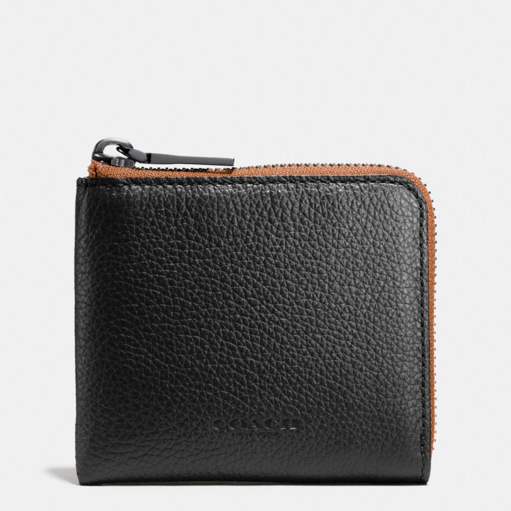 COACH F75172 Half Zip Wallet In Pebble Leather BLACK/SADDLE