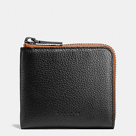 COACH F75172 HALF ZIP WALLET IN PEBBLE LEATHER BLACK/SADDLE