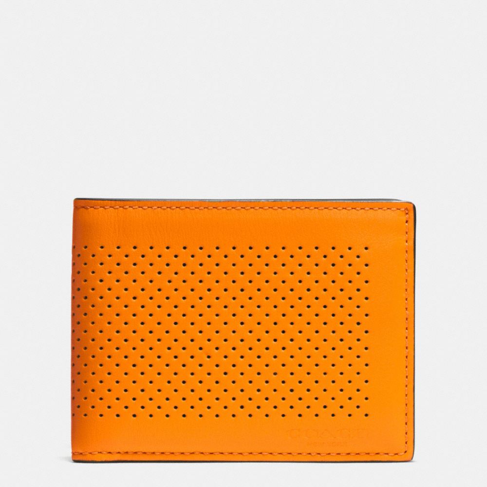 COACH f75227 SLIM BILLFOLD ID WALLET IN PERFORATED LEATHER ORANGE/GRAPHITE