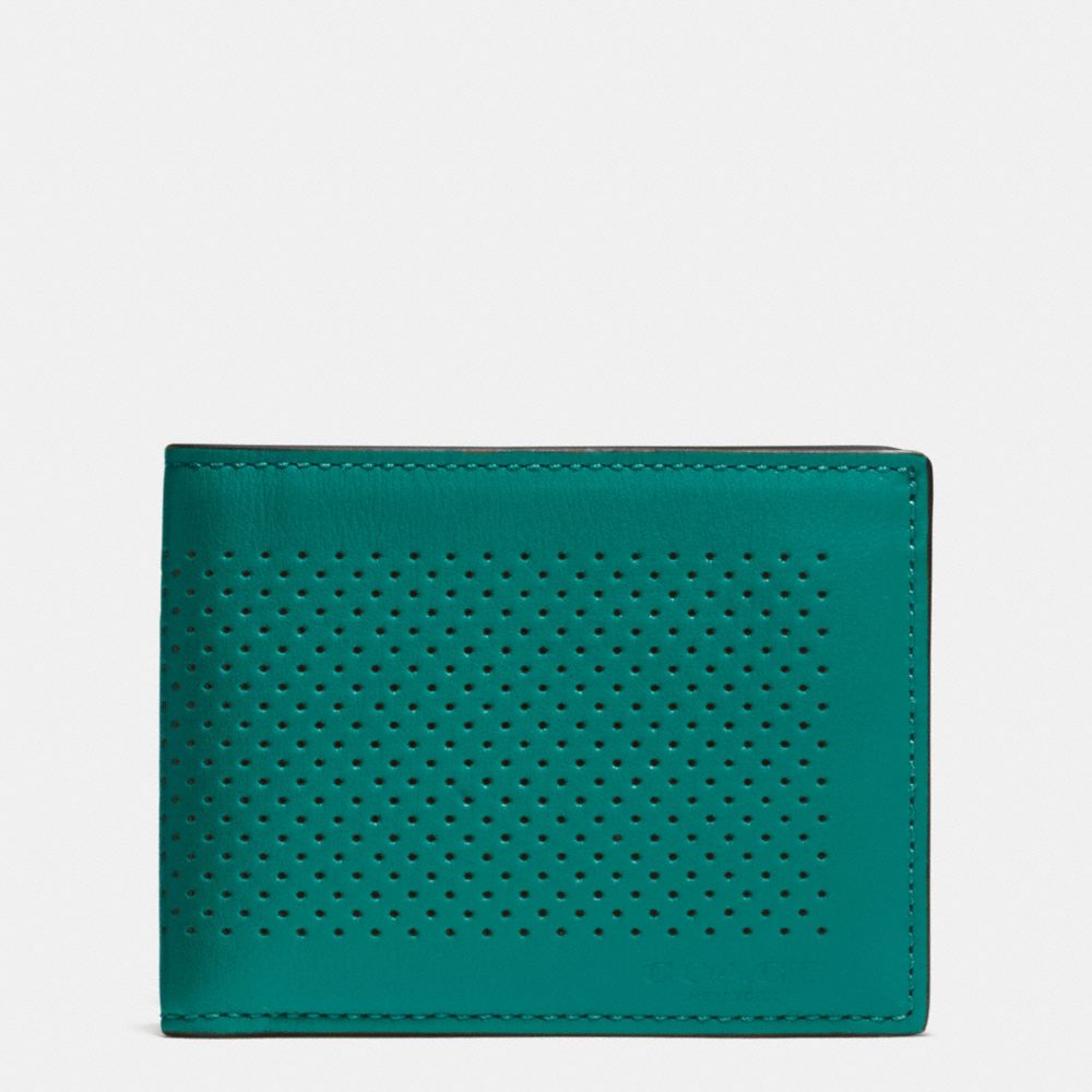 COACH F75227 - SLIM BILLFOLD ID WALLET IN PERFORATED LEATHER SEAGREEN/BLACK