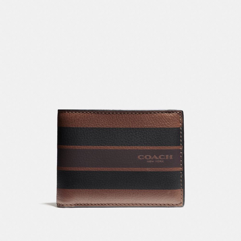 COACH F75386 Slim Billfold Wallet In Varsity Leather DARK SADDLE/BLACK/MAHOGANY