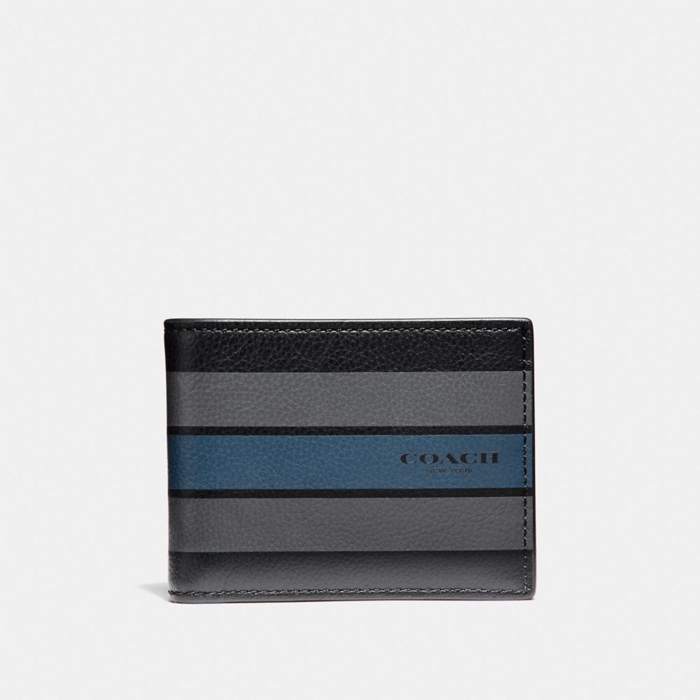 COACH F75386 Slim Billfold Wallet In Varsity Leather BLACK/GRAPHITE/DARK DENIM