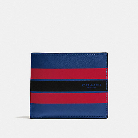 COACH f75399 COMPACT ID WALLET IN VARSITY LEATHER INDIGO/BRIGHT RED