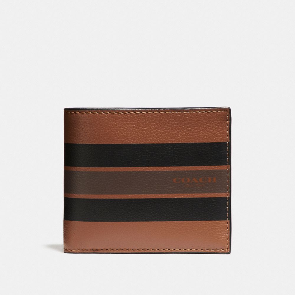 COMPACT ID WALLET IN VARSITY LEATHER - f75399 - DARK SADDLE/BLACK/MAHOGANY