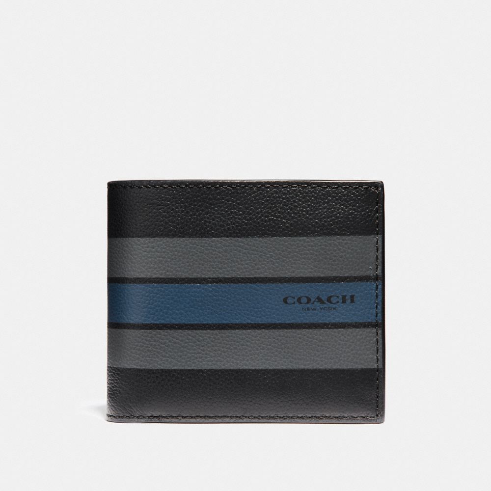 COACH F75399 Compact Id Wallet In Varsity Leather BLACK/GRAPHITE/DARK DENIM