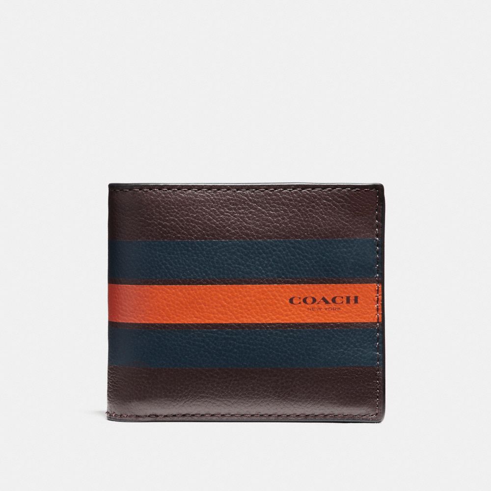 COMPACT ID WALLET IN VARSITY LEATHER - f75399 - OXBLOOD/MIDNIGHT NAVY/CORAL