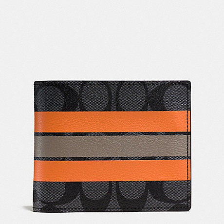 COACH F75426 COMPACT ID WALLET IN VARSITY SIGNATURE CHARCOAL/ORANGE
