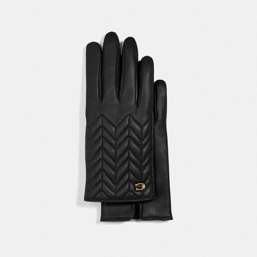 SCULPTED SIGNATURE QUILTED LEATHER TECH GLOVES - BLACK - COACH F75542