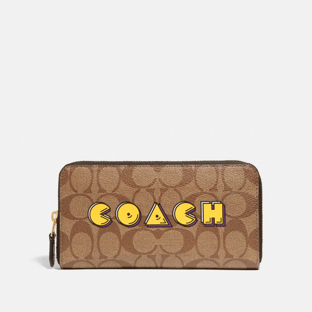 ACCORDION ZIP WALLET IN SIGNATURE CANVAS WITH PAC-MAN COACH PRINT - F75614 - KHAKI MULTI /GOLD