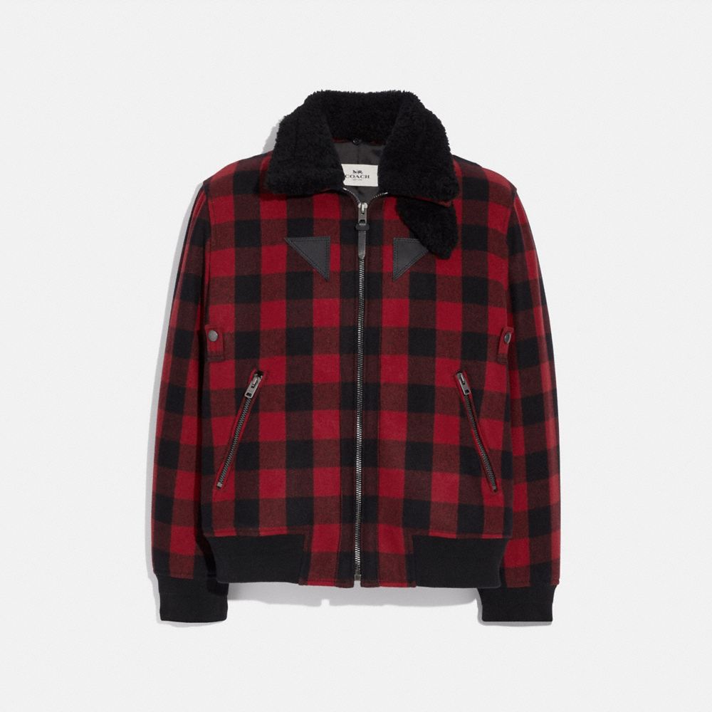 COACH F75749 WOOL BOMBER WITH SHEARLING COLLAR RED PLAID