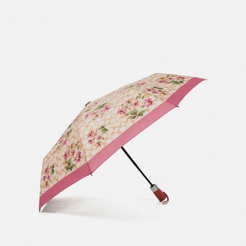 COACH F75786 Umbrella In Signature Lily Bouquet Print LIGHT KHAKI/ROSE PETAL/SILVER