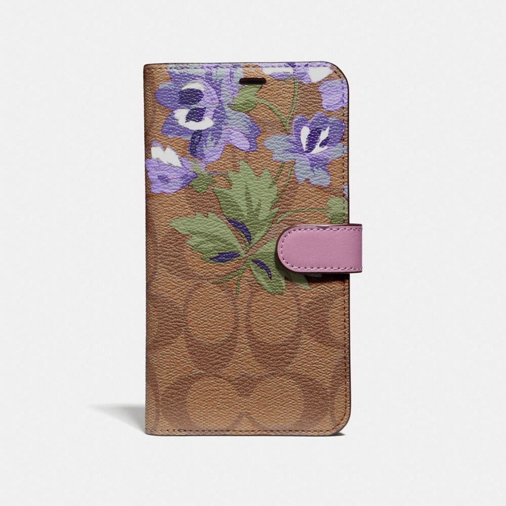 IPHONE XR FOLIO IN SIGNATURE CANVAS WITH LILY BOUQUET PRINT - F75843 - KHAKI/PURPLE
