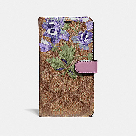 COACH F75843 IPHONE XR FOLIO IN SIGNATURE CANVAS WITH LILY BOUQUET PRINT KHAKI/PURPLE