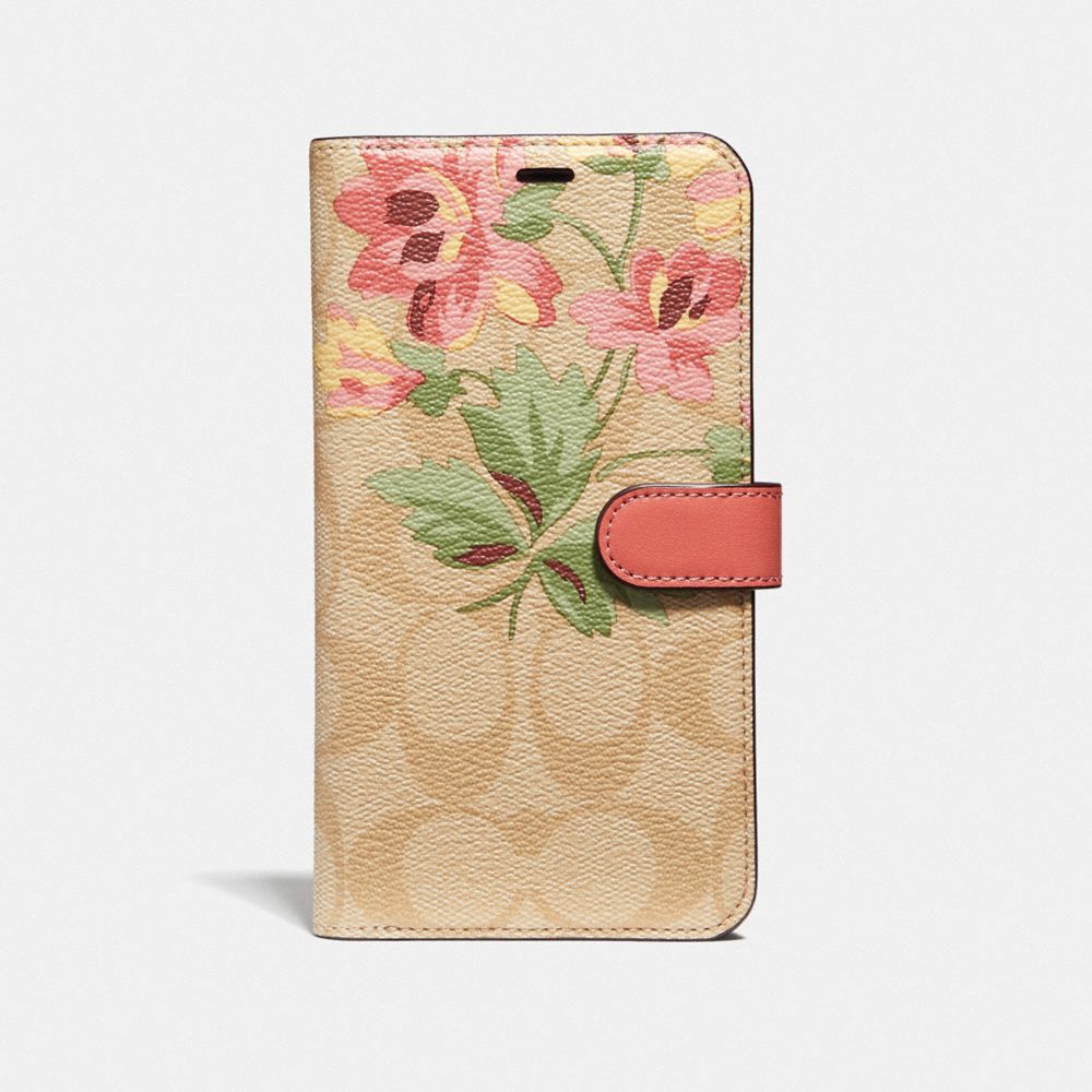 IPHONE XR FOLIO IN SIGNATURE CANVAS WITH LILY BOUQUET PRINT - F75843 - LIGHT KHAKI/PINK