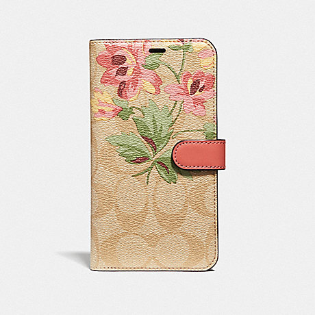 COACH IPHONE XR FOLIO IN SIGNATURE CANVAS WITH LILY BOUQUET PRINT - LIGHT KHAKI/PINK - F75843