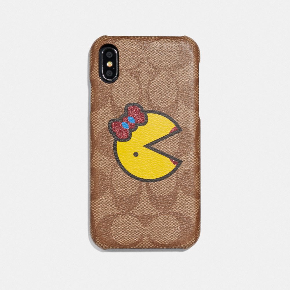 IPHONE XR CASE IN SIGNATURE CANVAS WITH MS. PAC-MAN - F75847 - KHAKI/YELLOW
