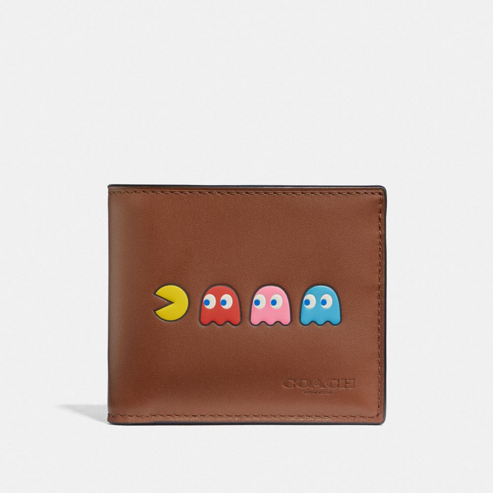 ID BILLFOLD WALLET WITH PAC-MAN MOTIF - F75911 - SADDLE/BLACK ANTIQUE NICKEL