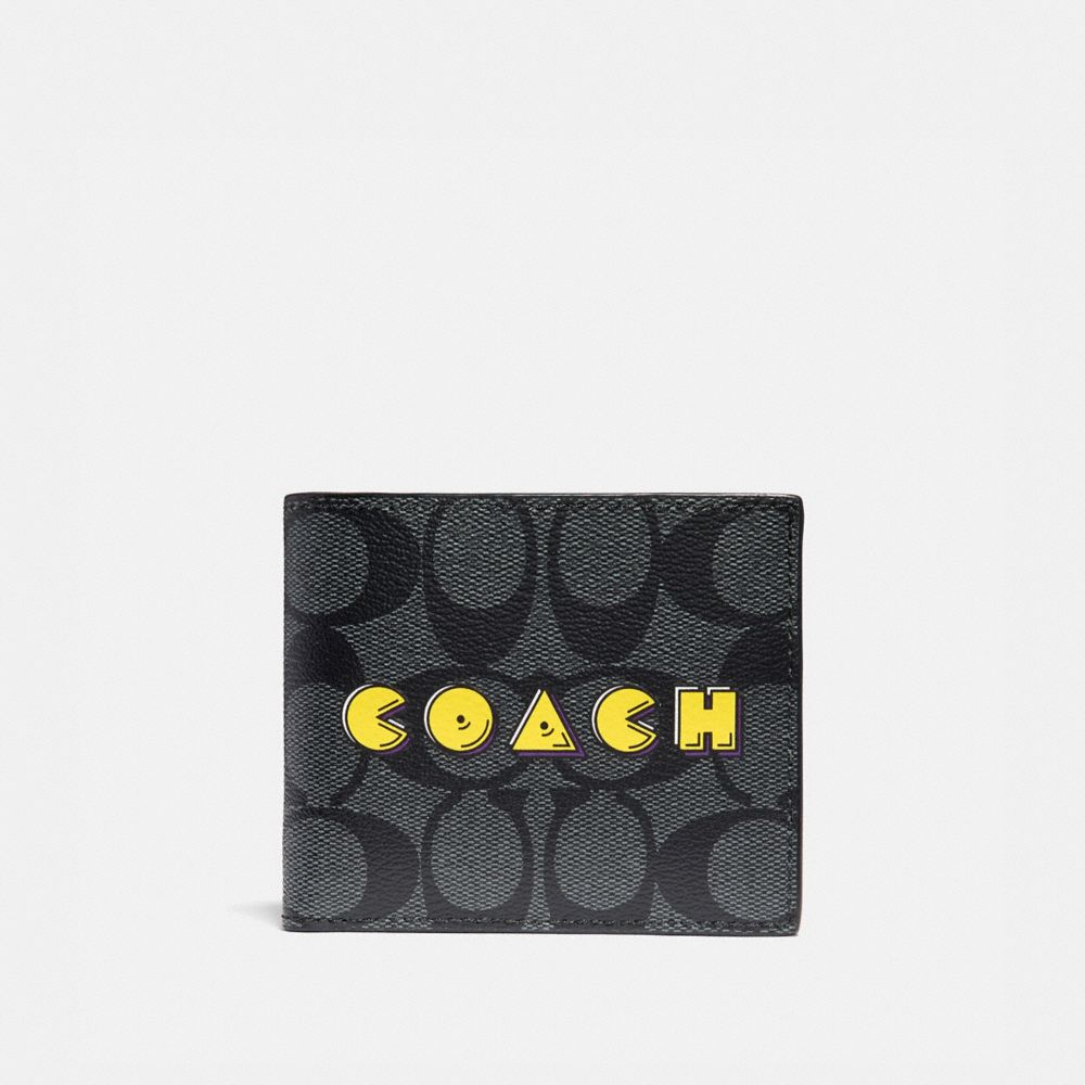 COACH F75912 - ID BILLFOLD WALLET IN SIGNATURE CANVAS WITH PAC-MAN COACH SCRIPT CHARCOAL/BLACK/BLACK ANTIQUE NICKEL