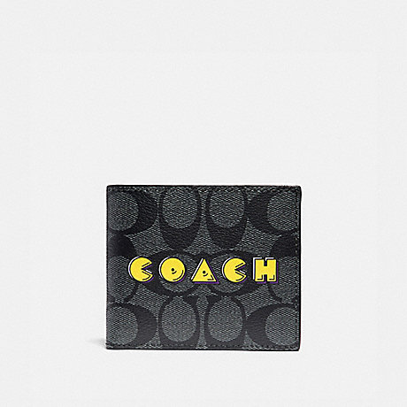 COACH F75912 ID BILLFOLD WALLET IN SIGNATURE CANVAS WITH PAC-MAN COACH SCRIPT CHARCOAL/BLACK/BLACK ANTIQUE NICKEL
