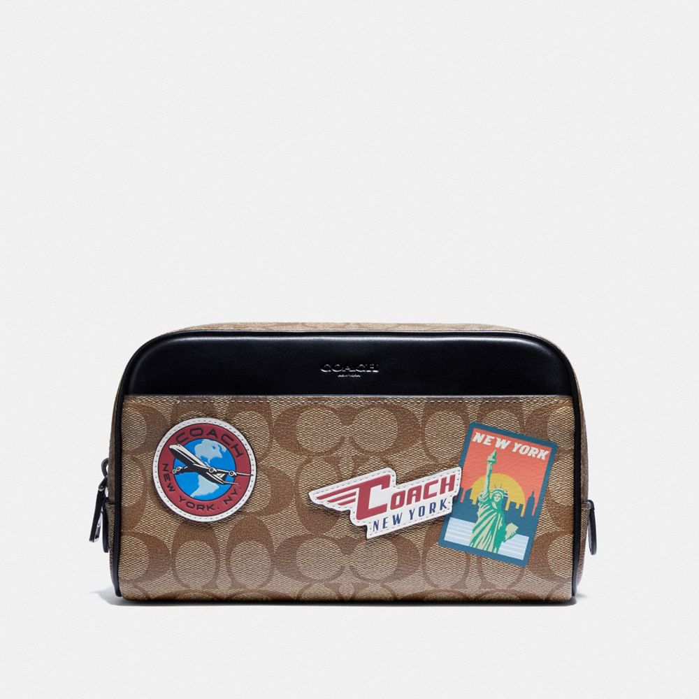 COACH F75915 OVERNIGHT TRAVEL KIT IN SIGNATURE CANVAS WITH TRAVEL PATCHES KHAKI/MULTI