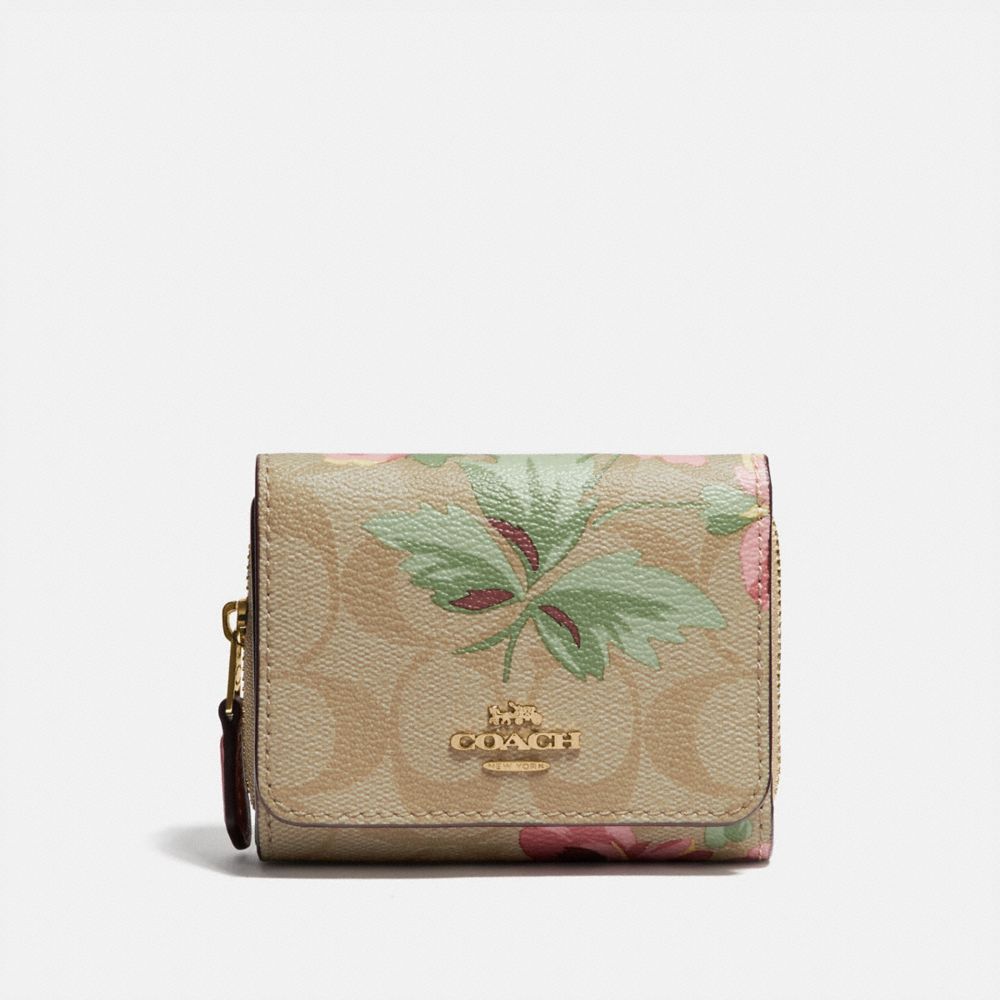 COACH F75922 SMALL TRIFOLD WALLET IN SIGNATURE CANVAS WITH LILY PRINT LIGHT KHAKI/PINK MULTI/IMITATION GOLD