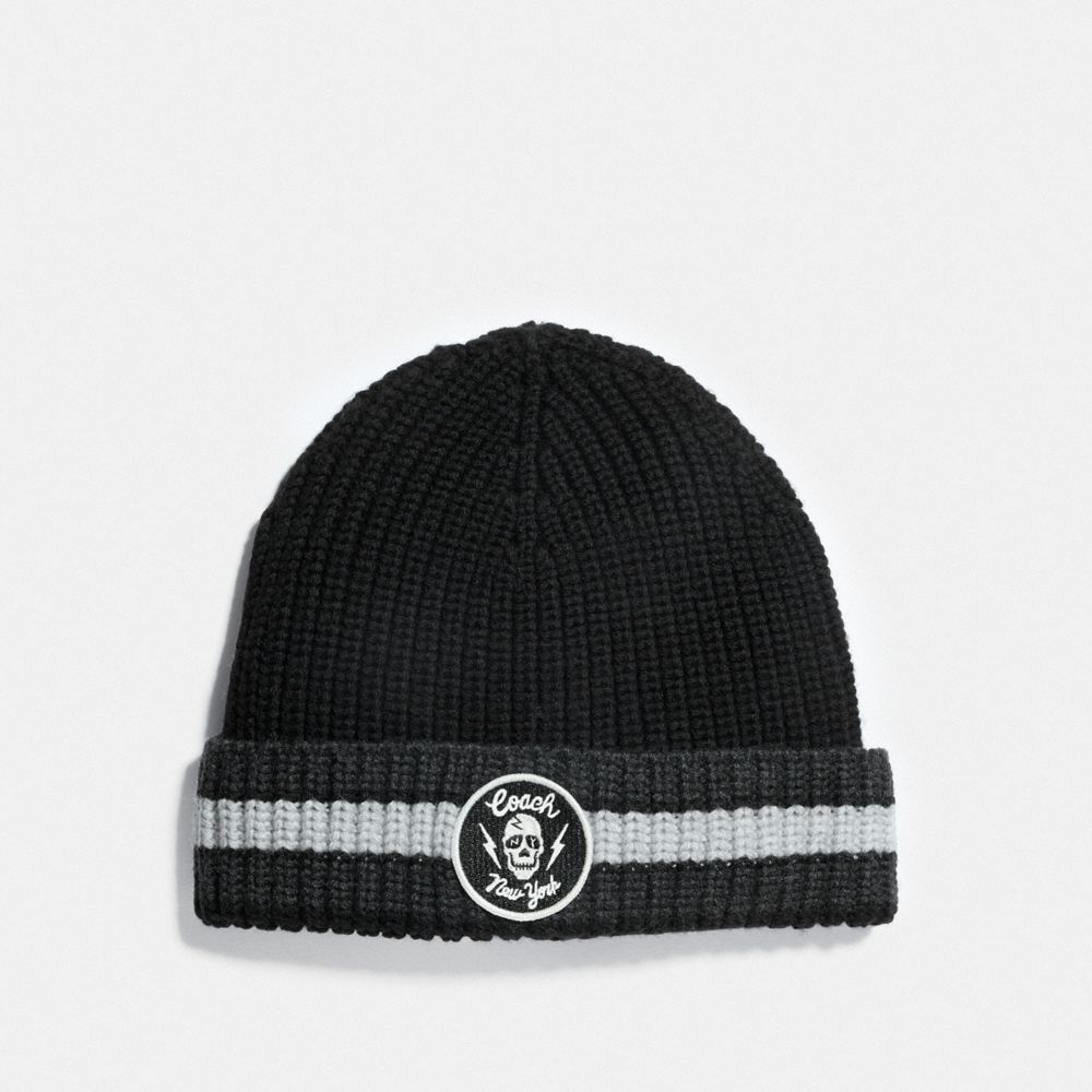 EMBROIDERED RIB KNIT HAT - BLACK/HEATHER GREY - COACH F75940