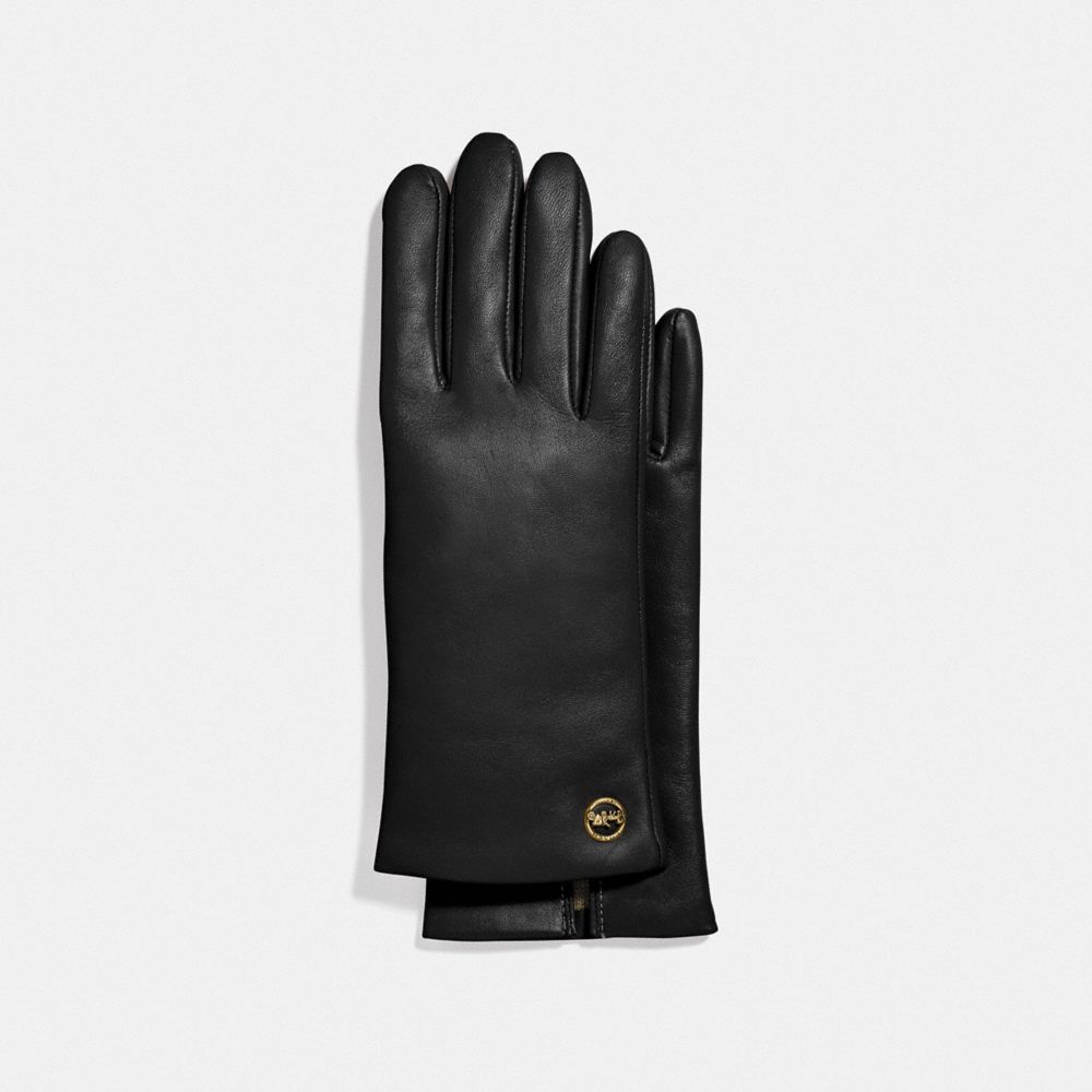 HORSE AND CARRIAGE PLAQUE LEATHER TECH GLOVES - BLACK - COACH F76310