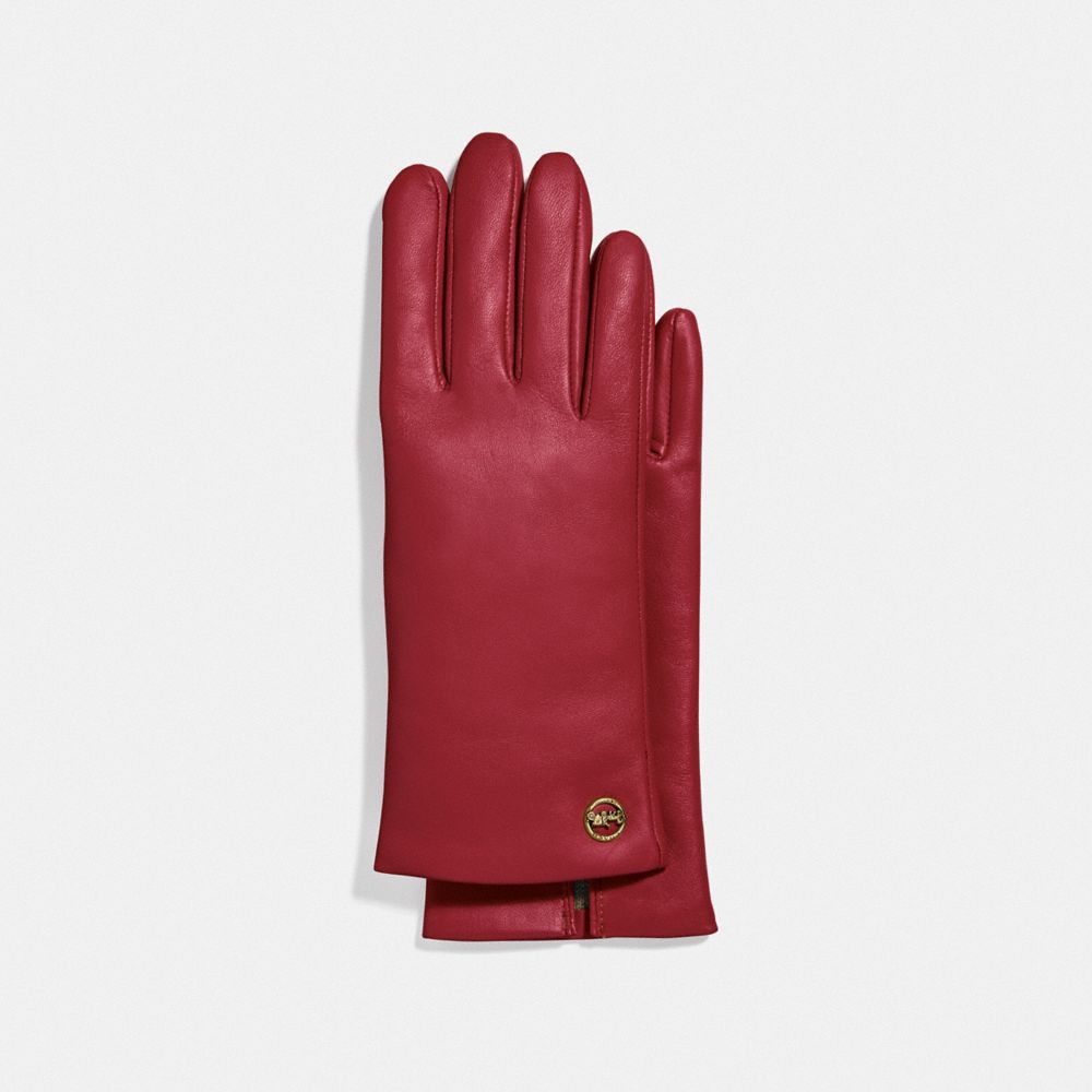HORSE AND CARRIAGE PLAQUE LEATHER TECH GLOVES - TRUE RED - COACH F76310