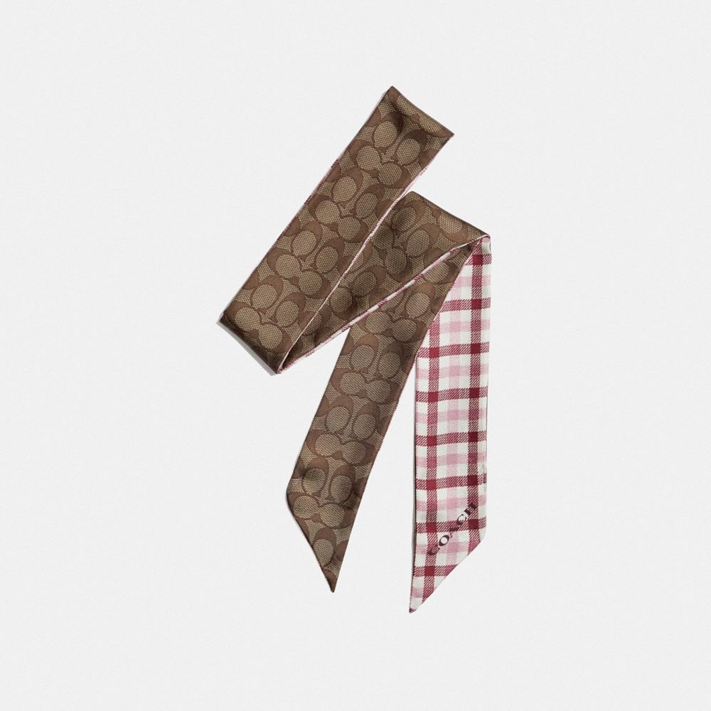 SIGNATURE GINGHAM PRINT SILK SKINNY SCARF - BROWN/PINK - COACH F76439